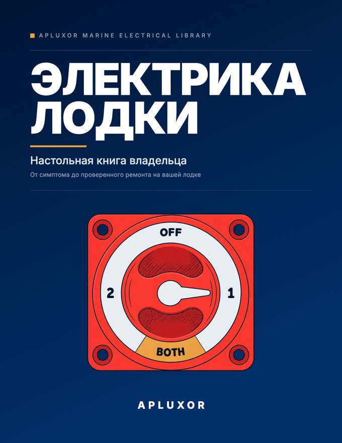 Обложка: «Электрика лодки. Настольная книга владельца», на обложке — выключатель батарей с положениями OFF, 1, BOTH, 2.