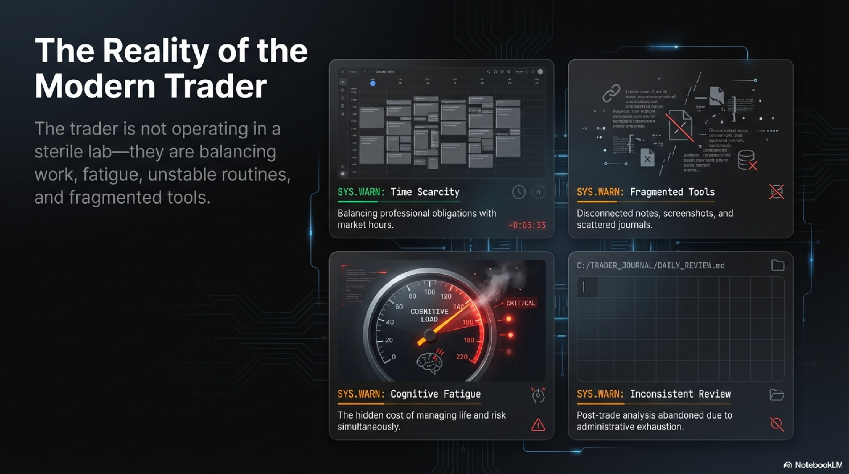 The Reality of the Modern Trader — SYS.WARN: Time Scarcity, Fragmented Tools, Cognitive Fatigue, Inconsistent Review