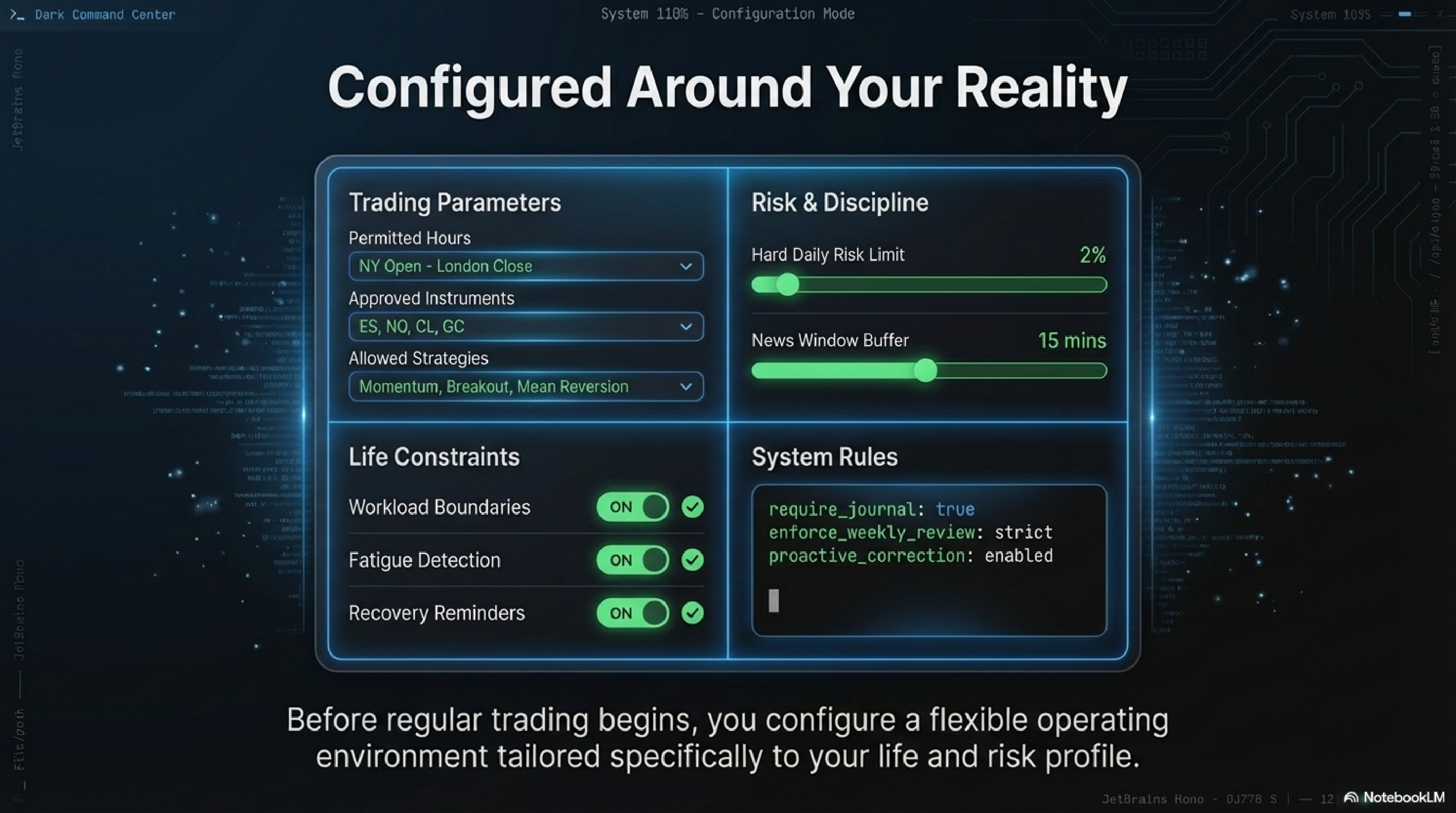 Configuration panel — Trading Parameters, Risk & Discipline, Life Constraints, System Rules